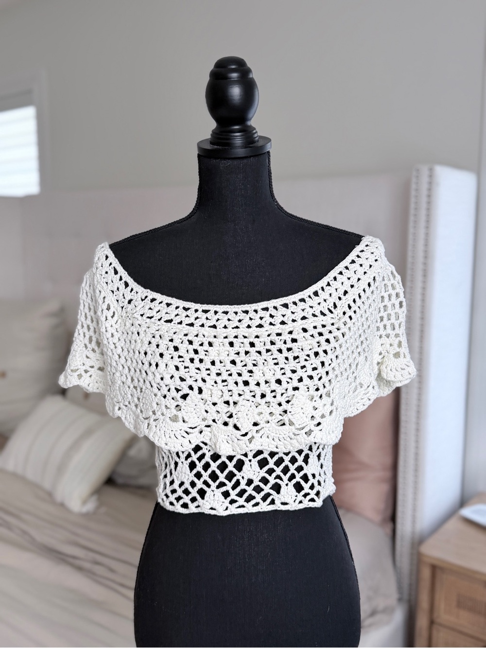 Handmade White Crochet Off-Shoulder Crop Top